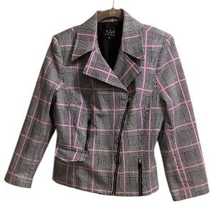 David Meister Plaid Moto Zip Jacket Blazer Women’s Size 10 Pink Black